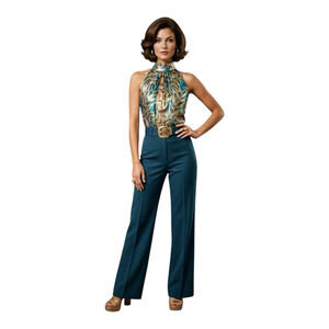 Vintage Helen O’Marie Metallic Leaf Halter Top Size 4 USA Teal Gold